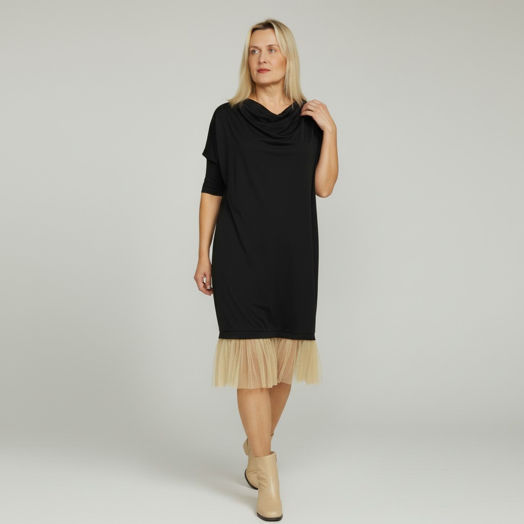 Nahkhiirevarrukatega tülliga kleit “Keili”, must - Image 7