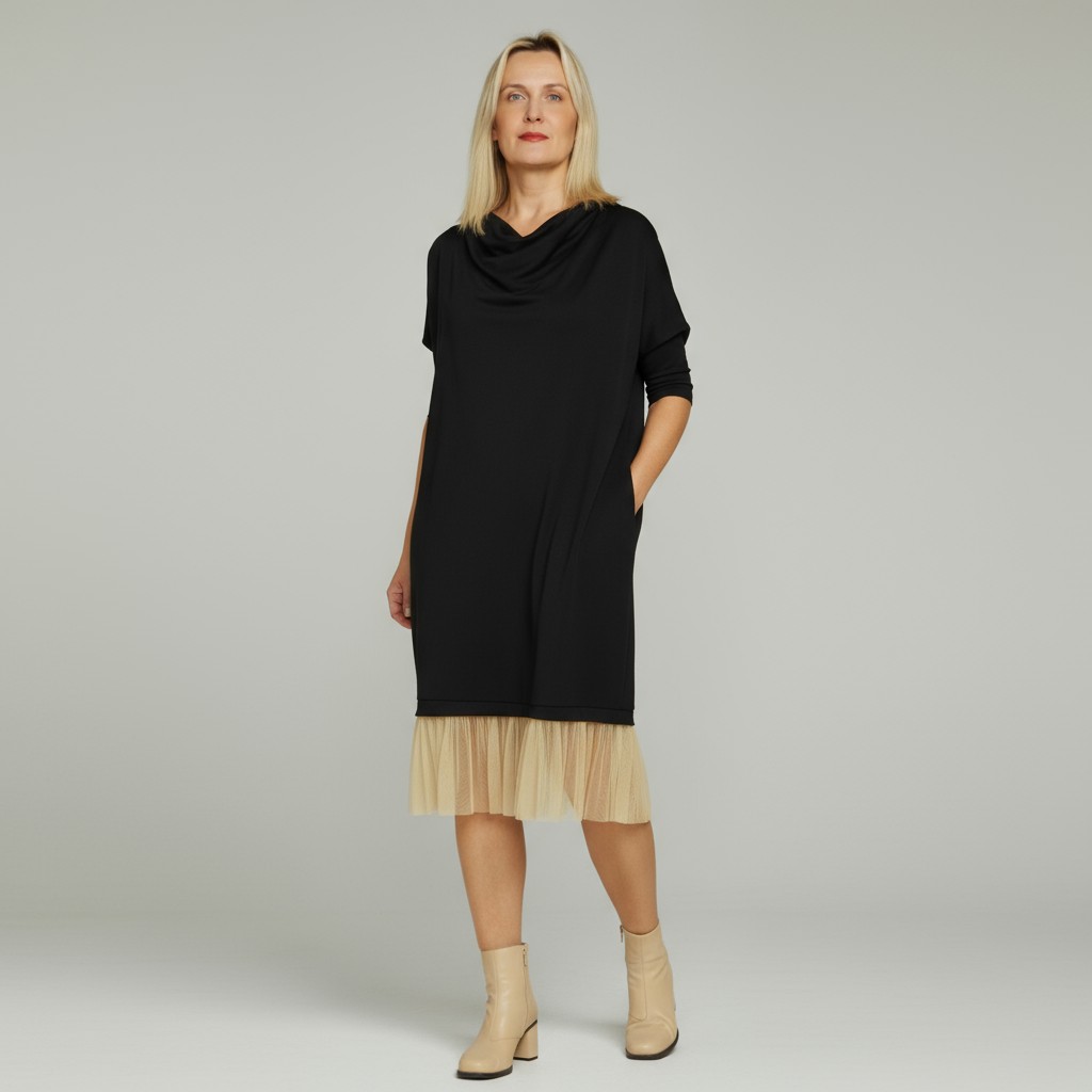 Nahkhiirevarrukatega tülliga kleit “Keili”, must - Image 3