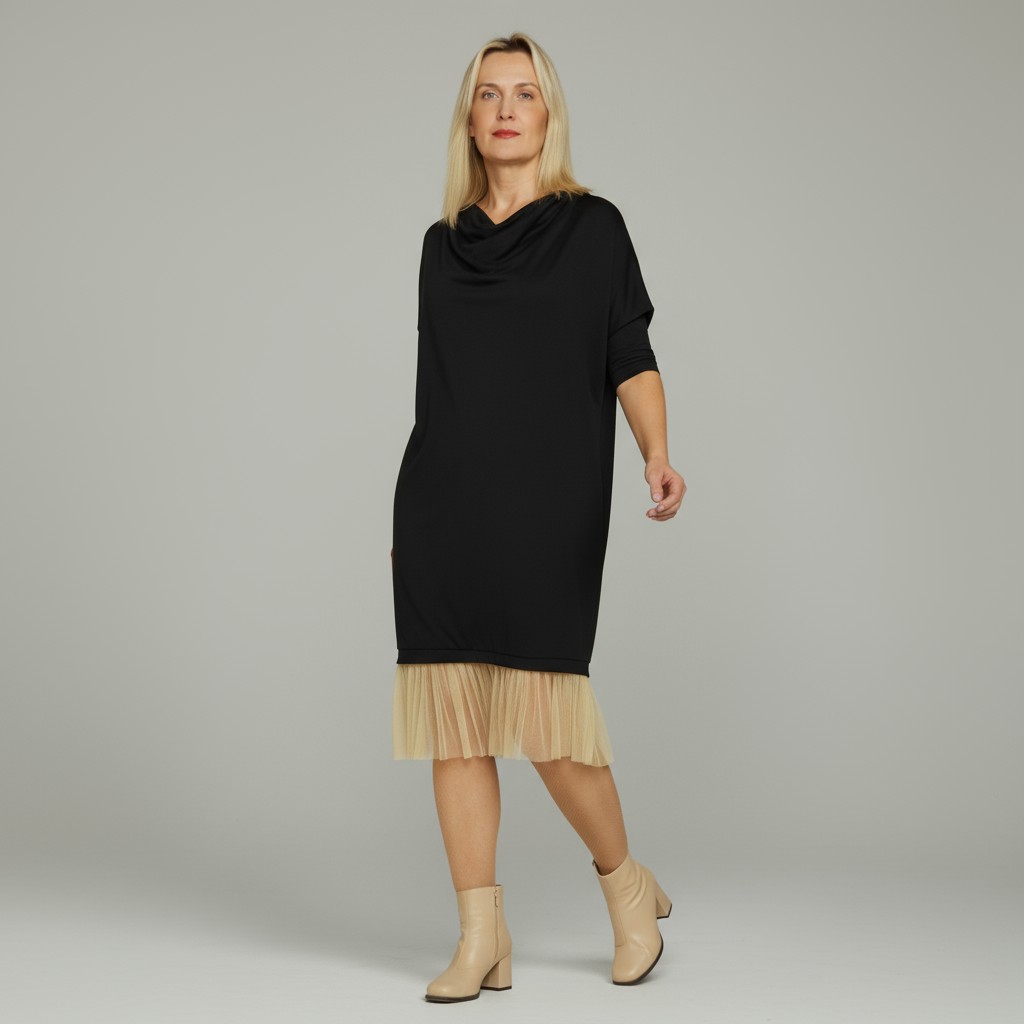 Nahkhiirevarrukatega tülliga kleit “Keili”, must - Image 5