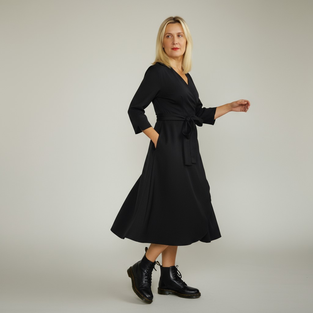 Kraega hõlmikkleit “Kerli”, 3/4 pikkuses sirgete varrukatega, must