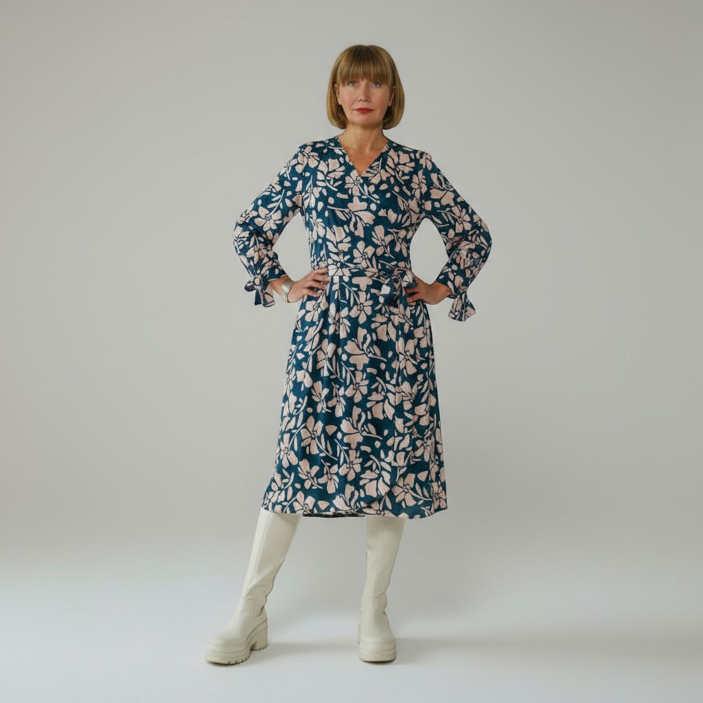 Midipikkuses hõlmikkleit “Kai”, mansetiga seotavate varrukatega, roheline lilleline - Image 5