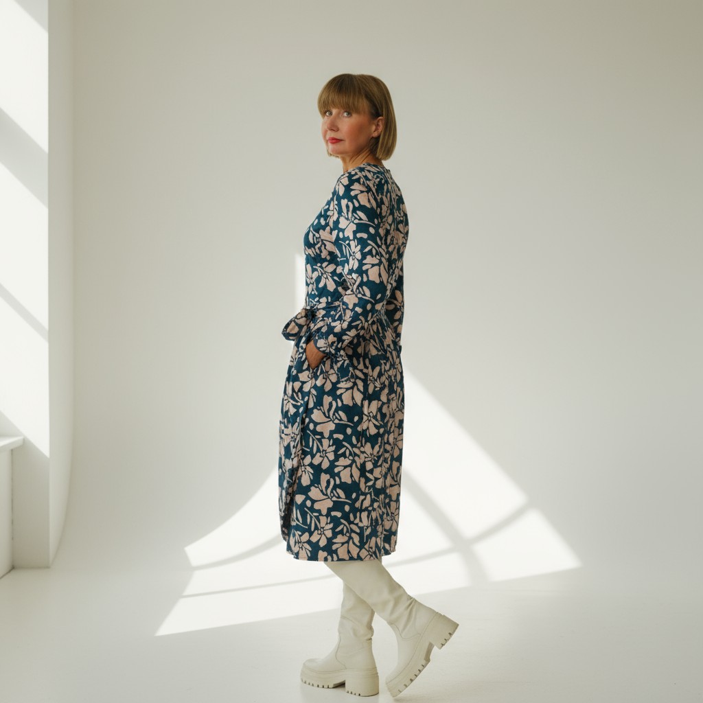 Midipikkuses hõlmikkleit “Kai”, mansetiga seotavate varrukatega, roheline lilleline - Image 3