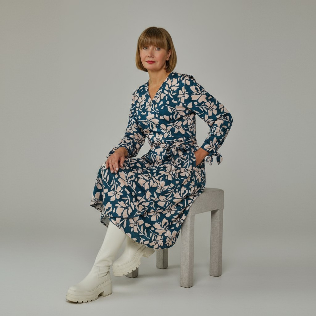 Midipikkuses hõlmikkleit “Kai”, mansetiga seotavate varrukatega, roheline lilleline - Image 4