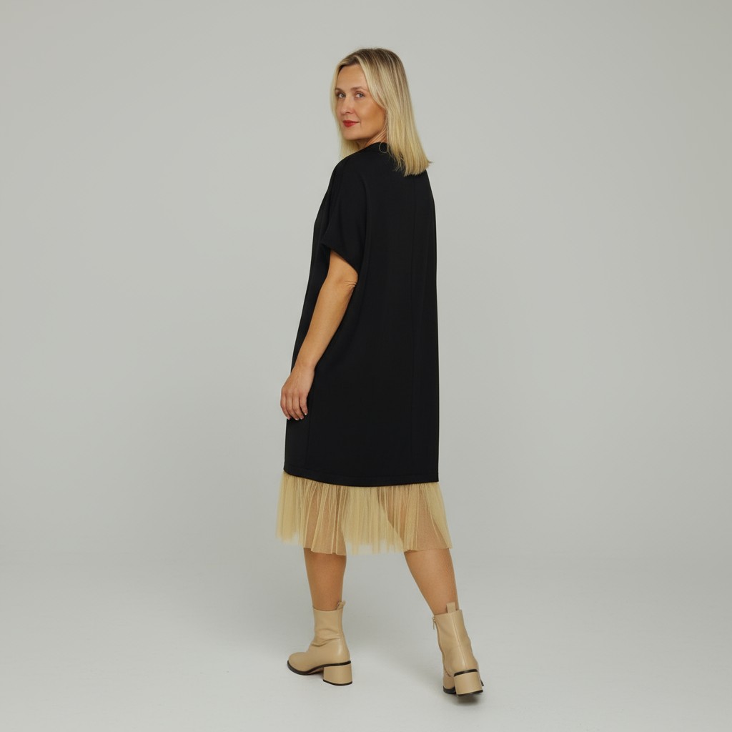 Nahkhiirevarrukatega tülliga kleit “Keili”, must - Image 4