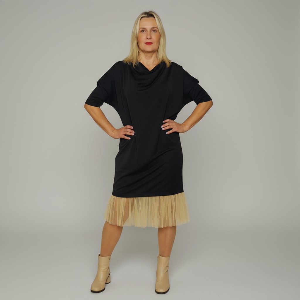 Nahkhiirevarrukatega tülliga kleit “Keili”, must - Image 2