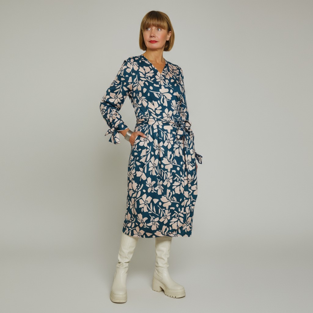 Midipikkuses hõlmikkleit “Kai”, mansetiga seotavate varrukatega, roheline lilleline - Image 2