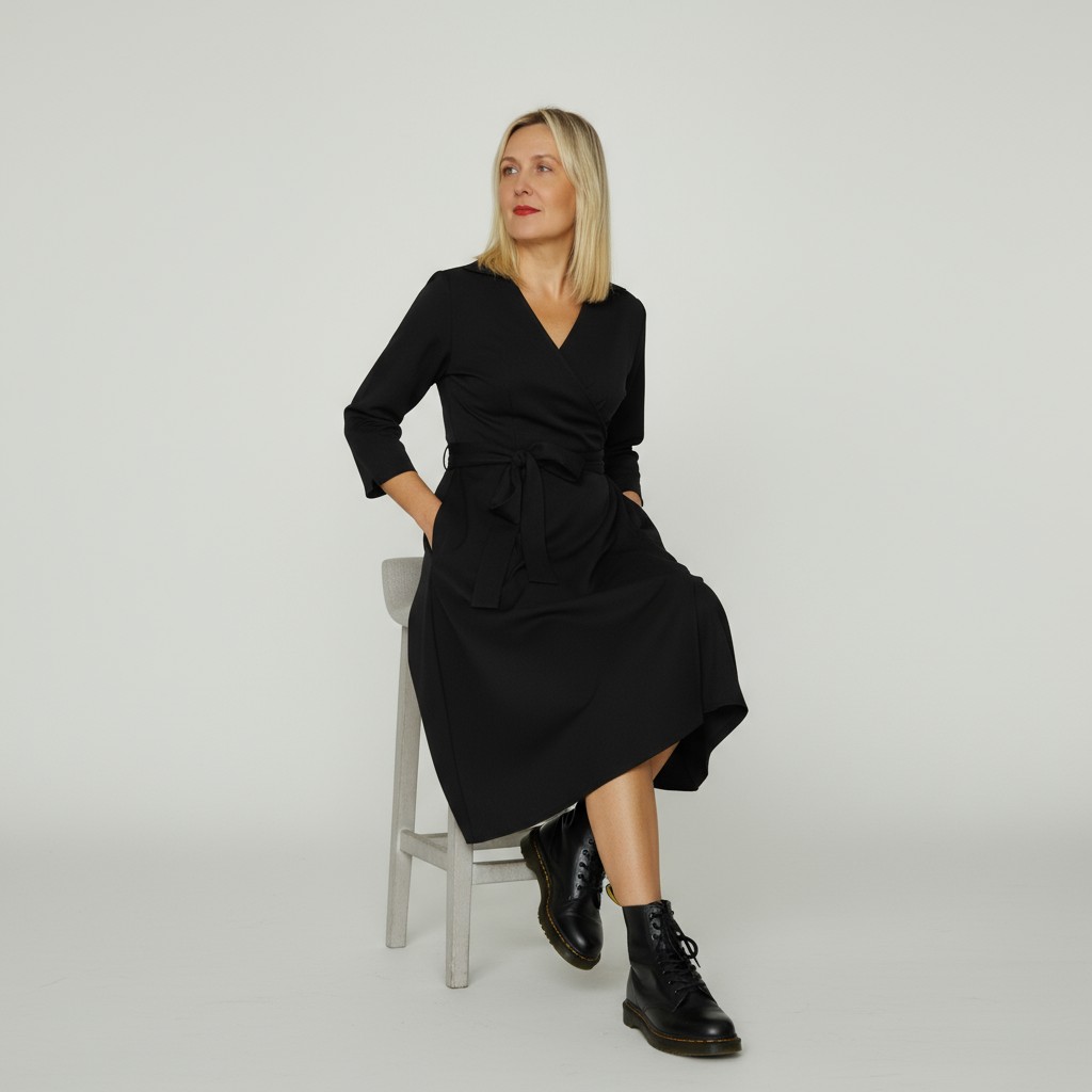 Kraega hõlmikkleit “Kerli”, 3/4 pikkuses sirgete varrukatega, must - Image 5