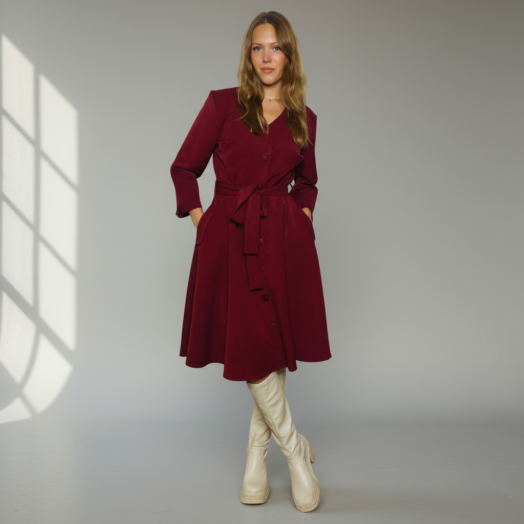 Laia seelikuosaga kleit “Kai”, 3/4 pikkuses sirgete varrukatega, tumepunane