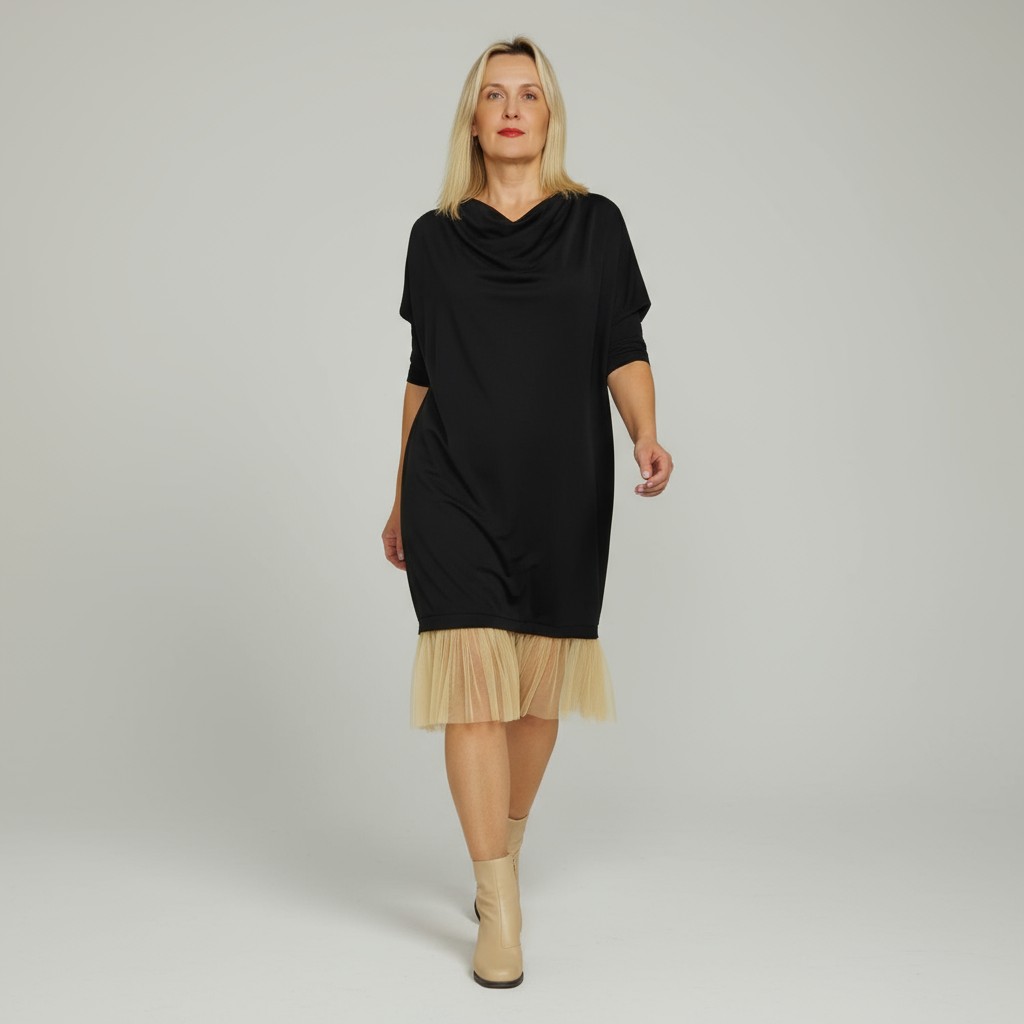 Nahkhiirevarrukatega tülliga kleit “Keili”, must