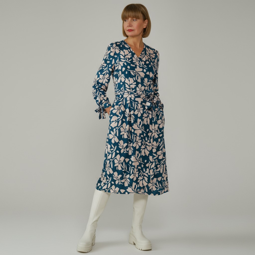 Midipikkuses hõlmikkleit “Kai”, mansetiga seotavate varrukatega, roheline lilleline