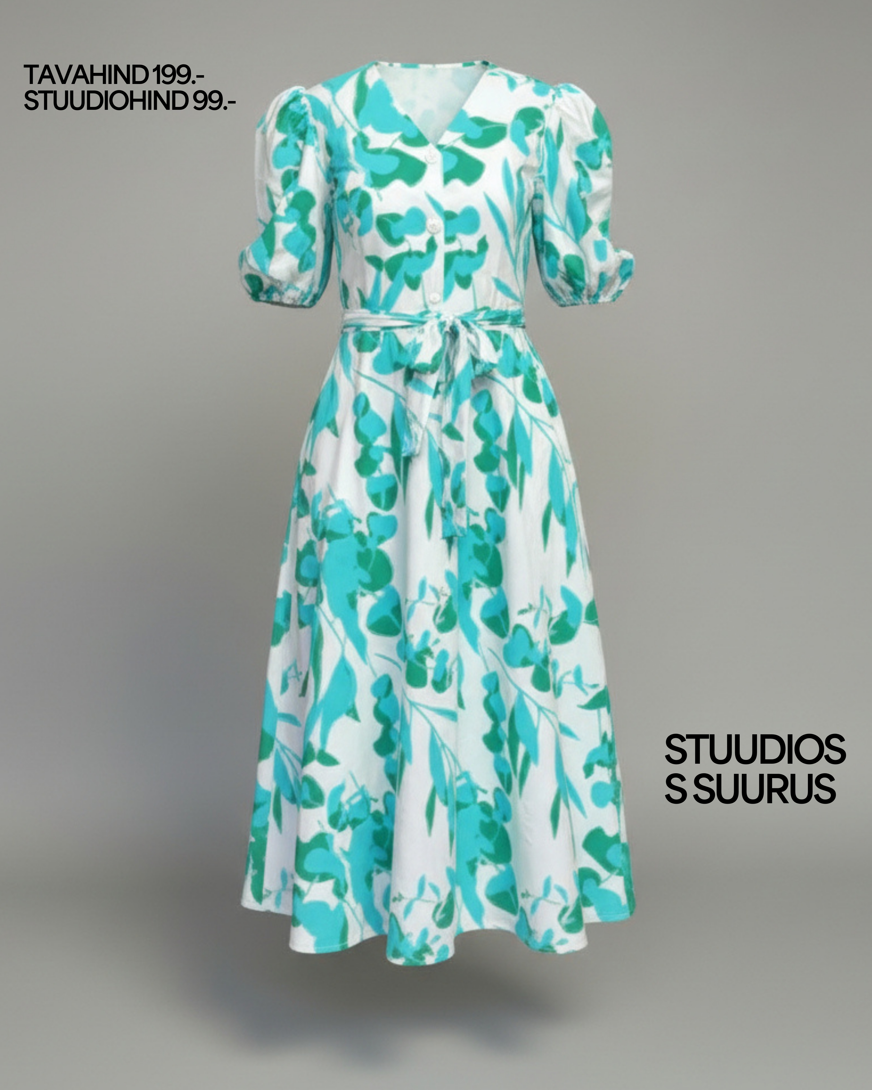 Koheva seelikuga midipikkuses kleit “Kai”, suurte puhvis varrukatega, valge sinakasrohelise mustriga - Image 2