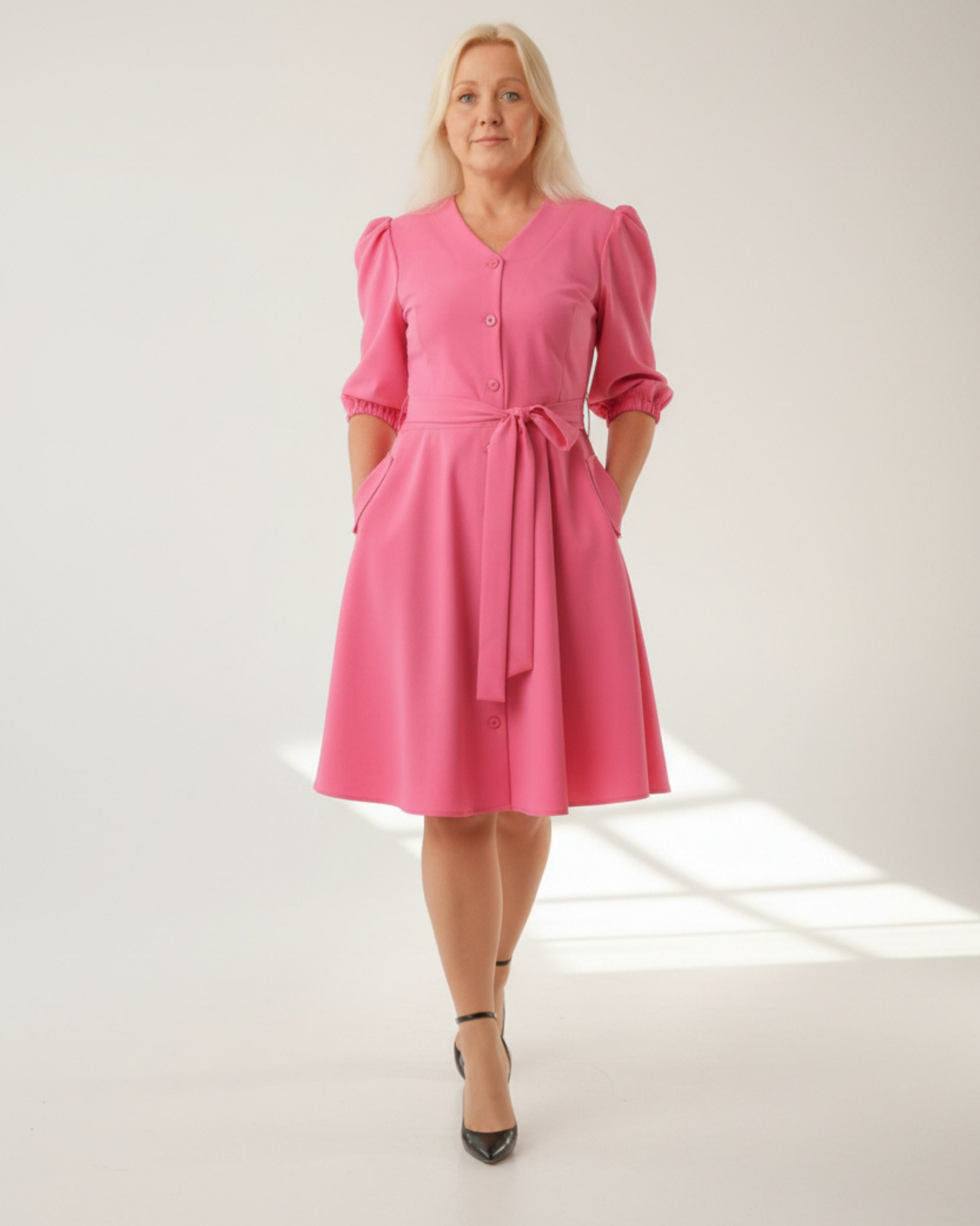 Laia seelikuosaga kleit “Kai”, 3/4 pikkuses puhvis varrukatega, roosa - Image 2