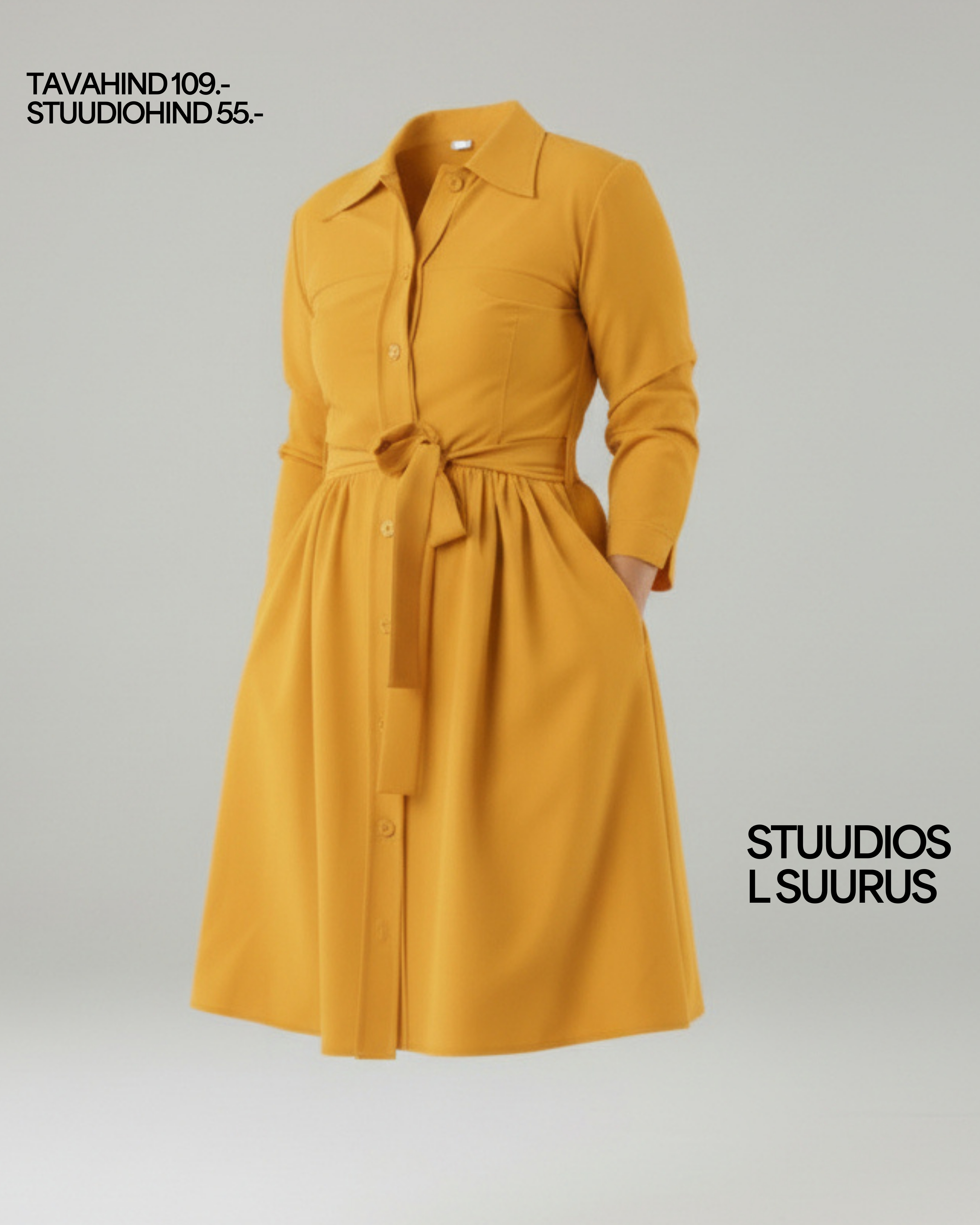 Kraega kleit “Kai”, 3/4 pikkuses sirgete varrukatega, kollane - Image 2